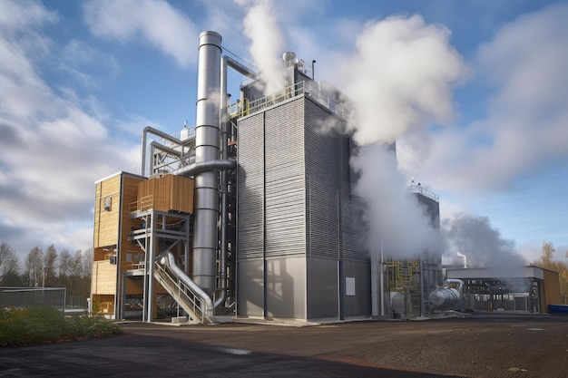 Biomass plant with heat and steam rising from the biomass boiler created with generative ai