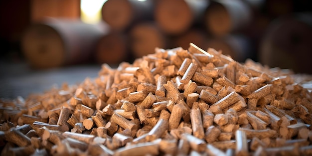 Biomass wood pellets stacked in a pile with woodpile background Concept Wood pellets Biomass energy Alternative fuel Ecofriendly heating Sustainable wood products