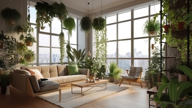 Biophilic designed living room with large windows lush greenery natural light and organic materials AI generated