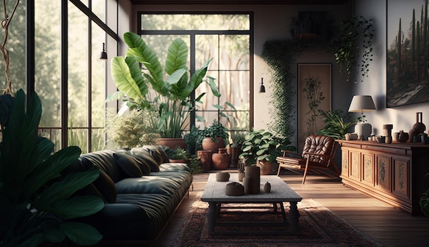 Biophilic home decor living room interior design AI Generated image