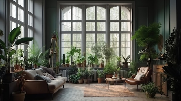 Biophilic living room interior featuring large windows an abundance of plants natural light neural