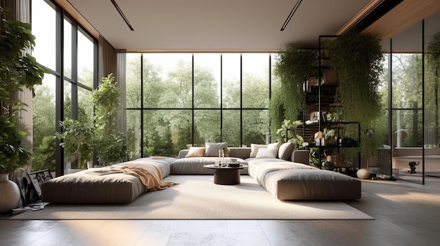 Biophilic Living room with expansive windows an assortment of plants natural light and ecoconscious materials neural