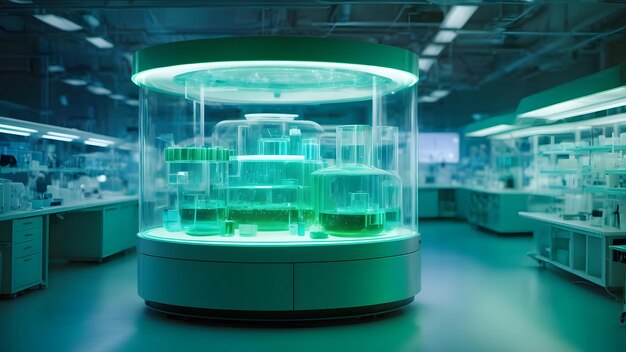 Photo biotechnology neon green and turquoise bacteria in a sleek bioengineering lab