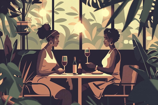 Biracial couple enjoys candlelight dinner in lush garden Romantic meal wine glasses clink