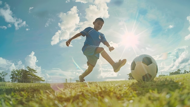 Biracial elementary schoolboy kicking soccer ball while playing on field against sky Generative AI