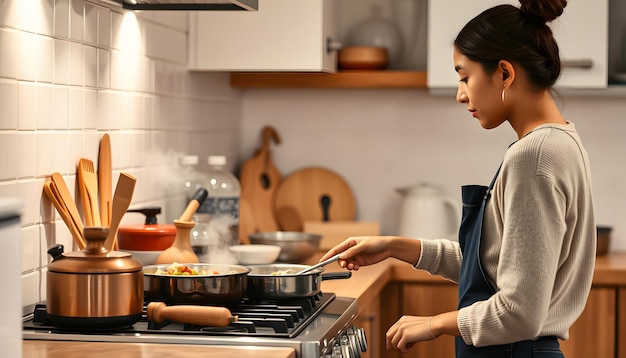 Biracial teenage girl looking at mother cooking food on stove in kitchen copy space isolated with