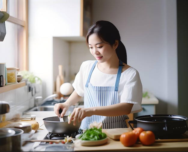 Biracial young woman cutting loaf of bread into slices on table while cooking with boyfriend at home