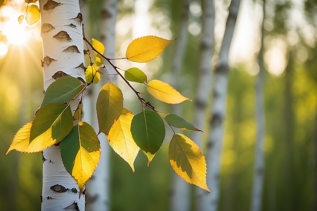 Photo birch leaves with golden hour bokeh