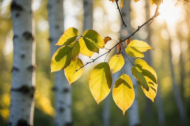 Photo birch leaves with golden hour bokeh