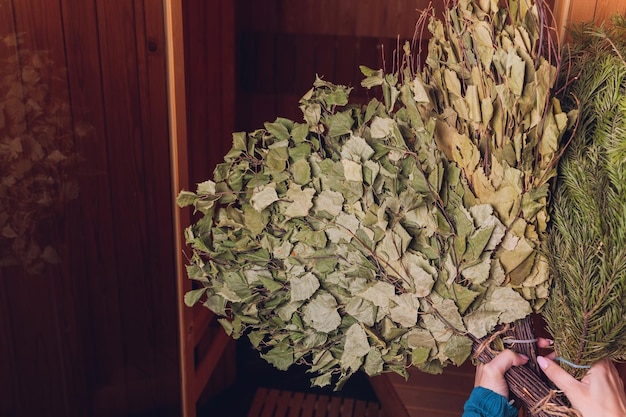 Birch and oak broom for a steam room