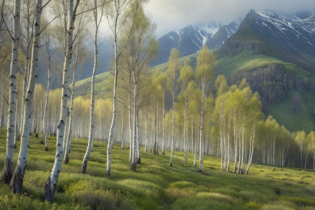 Birches in spring style in the low valleys