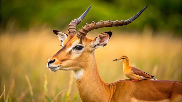 a bird and a bird are on the back of a deer