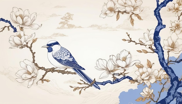 bird on a branch in the style of line drawing of a traditional Chinese pattern