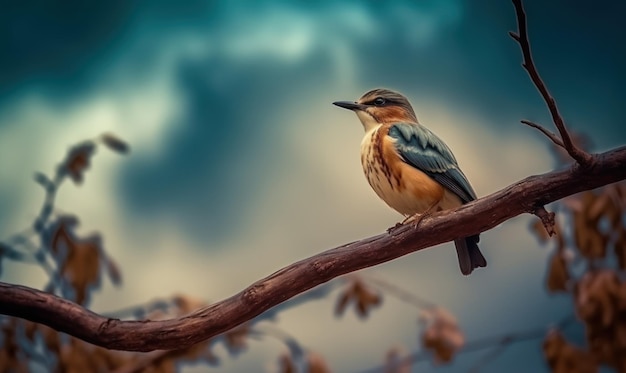 A bird on a branch with a cloudy sky in the background