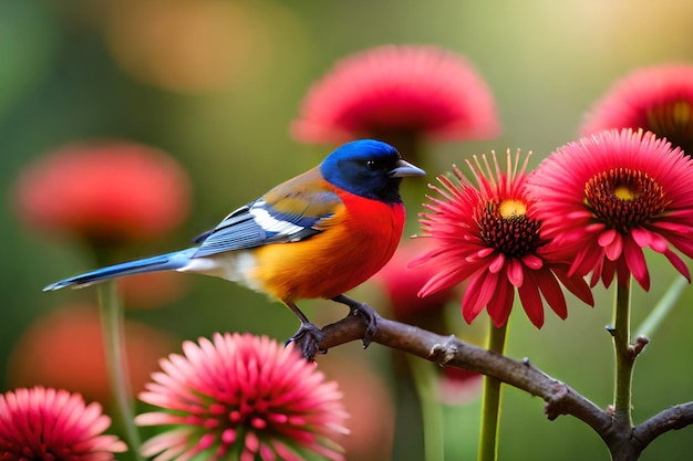 A bird on a branch with a flower in the background