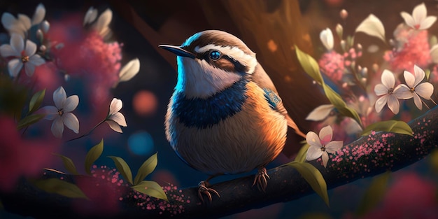 A bird on a branch with flowers around Generative AI