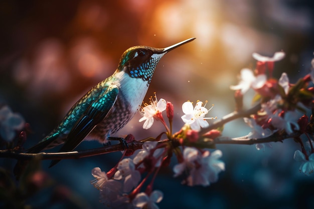 A bird on a branch with flowers in the background