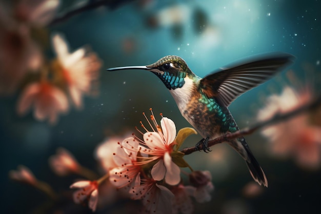 A bird on a branch with flowers in the background