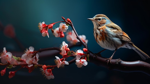 A bird on a branch with flowers