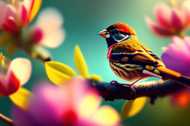 A bird on a branch with pink flowers