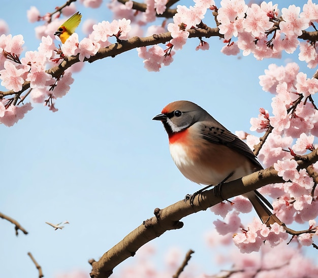 A bird on a branch with pink flowers