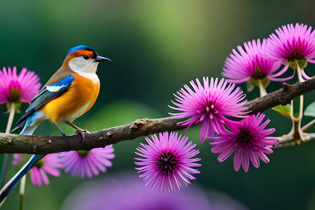 A bird on a branch with purple flowers