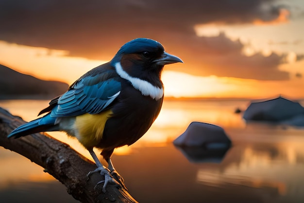 A bird on a branch with a sunset in the background