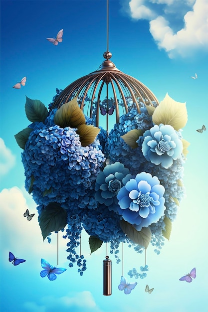 Bird cage filled with blue flowers and butterflies generative ai