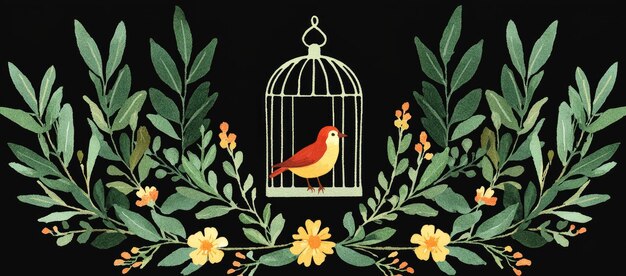 Photo bird in a cage surrounded by green leaves and yellow flowers