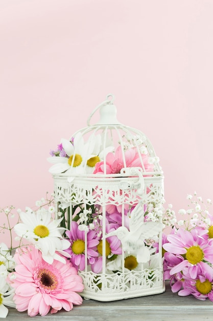 Bird cage with flowers and pink wall