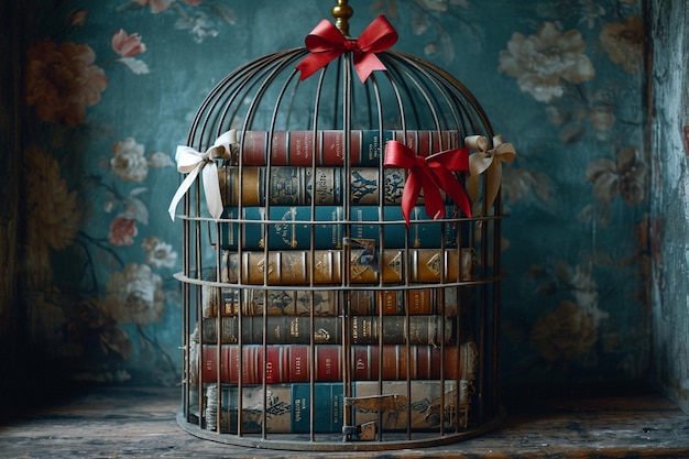 Photo a bird cage with a red ribbon tied around it and a red bow on top of it