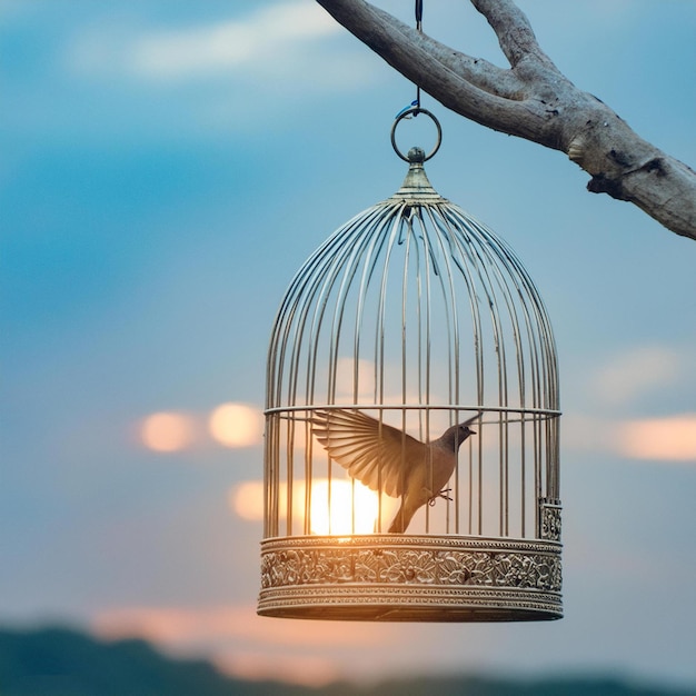 a bird in a cage with the sun shining through it