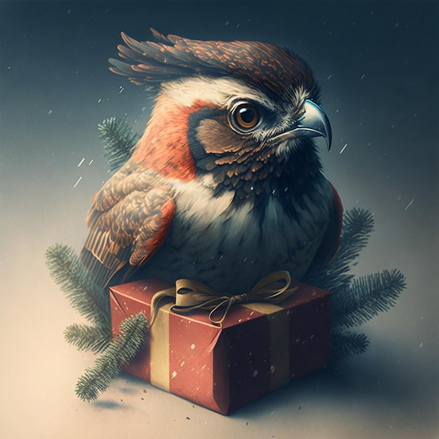 Bird on christmas gift box