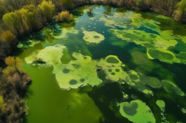 Bird eye view of amazing blooming algae on green river Earth day concept