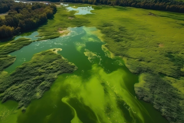 Bird eye view of amazing blooming algae on green river Earth day concept