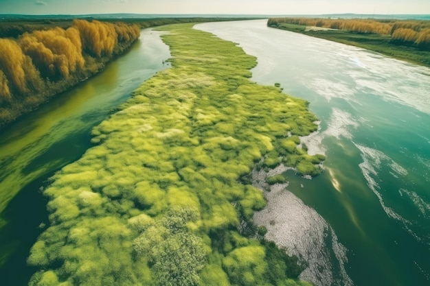 Bird eye view of amazing blooming algae on green river Earth day concept