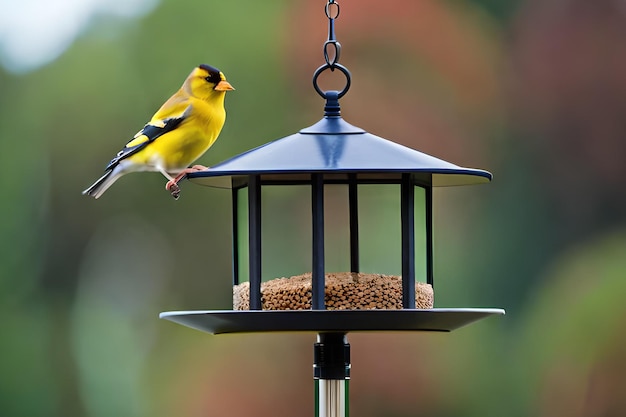 A bird feeder with a yellow bird on it