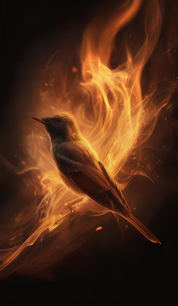 Photo a bird on fire with flames in the background