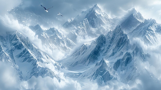 a bird flies over a mountain peak