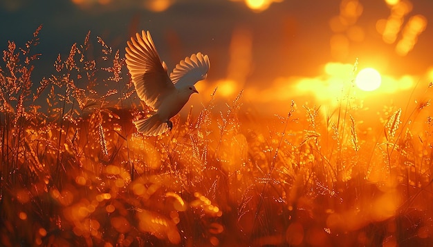 Photo bird in flight over a golden field at sunset