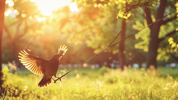 Photo bird in flight on a leash at sunset