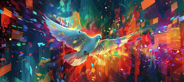 a bird flying in the air with the colors of the rainbow