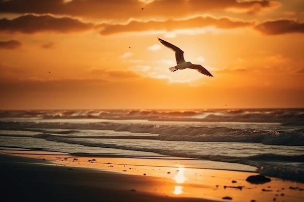 A bird flying over the beach at sunset