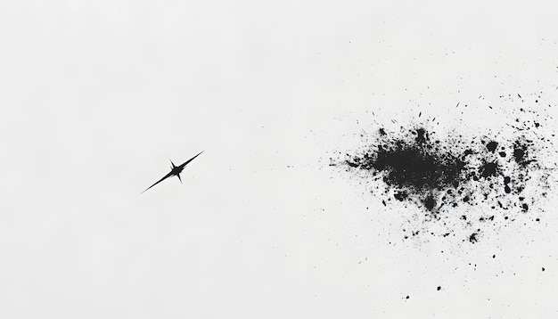 a bird flying over a black and white background with a black spot on it