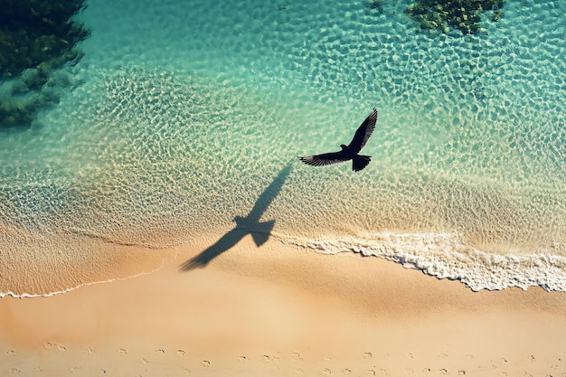 Photo bird flying over clear blue water and sandy beach