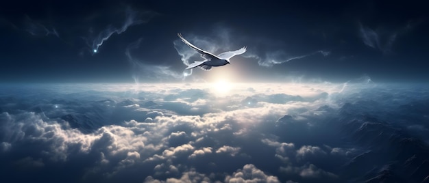 A bird flying above the clouds with the sun shining through the clouds.