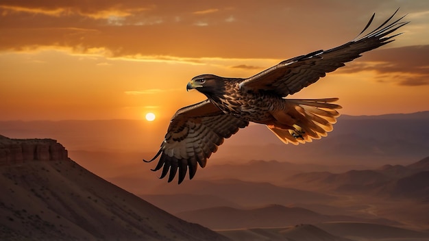 a bird flying over the desert with the sun behind it