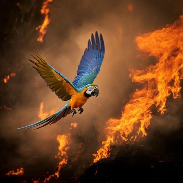 a bird flying in front of flames and a fire