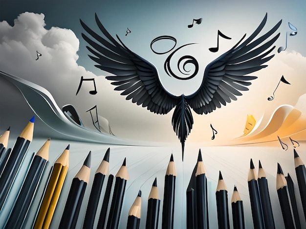 a bird flying in front of a flock of music notes