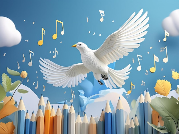 a bird flying in front of a flock of music notes